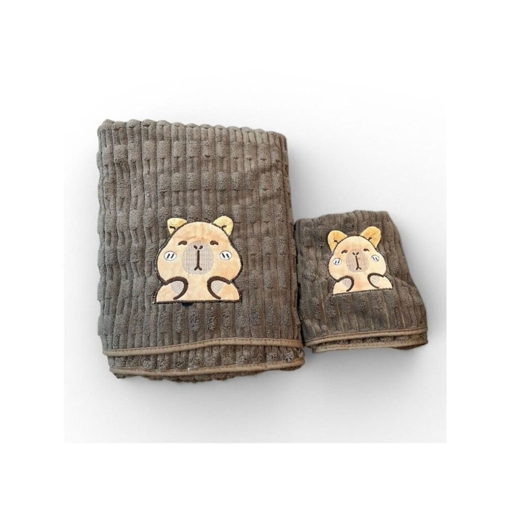 Capybara Bath And Hand Towels Applique Soft Brown Plush Fleece Bathroom Set New